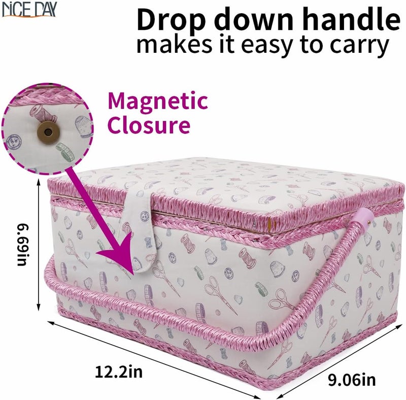 Nice Day Sewing Basket, Classic Fabric Design Sewing Kit Accessories Large Sewing Box Sewing Supplies Organizer and Storage Portable Sewing Kit Embroidery Box, 12.2 x 9.06 x 6.69 in (Big/Cut Theme White) - Image 4